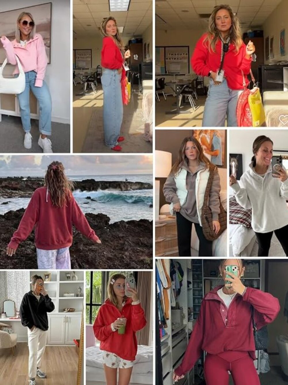 Women's Red Cotton Oversized Henley Sweatshirt Button Neck Casual Pullover Tops - Picture 6 of 6